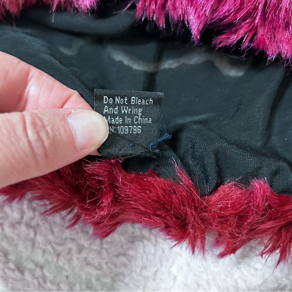 Vintage Black Burgundy Silk Blend Burnout Velvet Poncho Faux Fur Trim OS Flawed - Picture 11 of 16